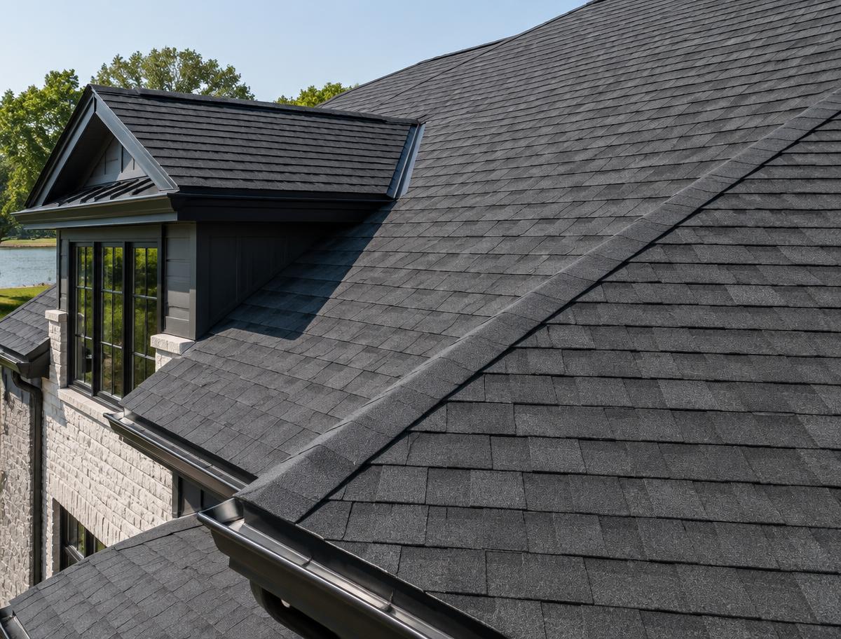 New charcoal architectural shingles on a home